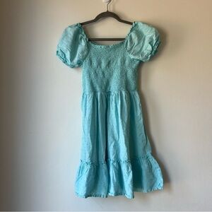 The Children’s Place Girls Aqua Blue Puff Sleeve Smocked Dress Size 14 XL Cotton